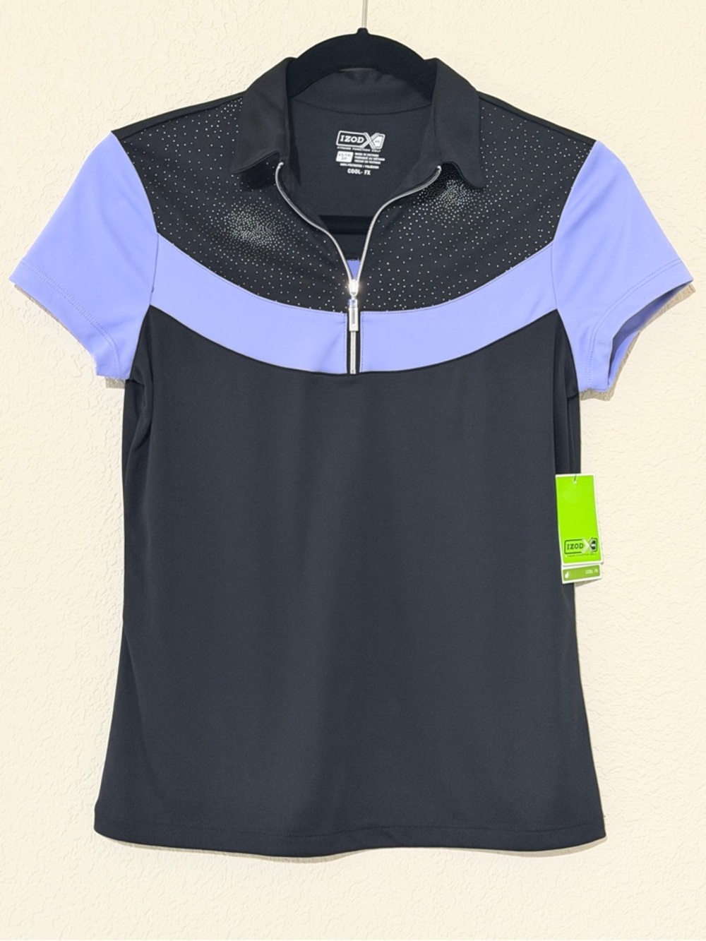 NWT Izod XFG Black and Lavender Short Sleeve Zip Polo - Size XS